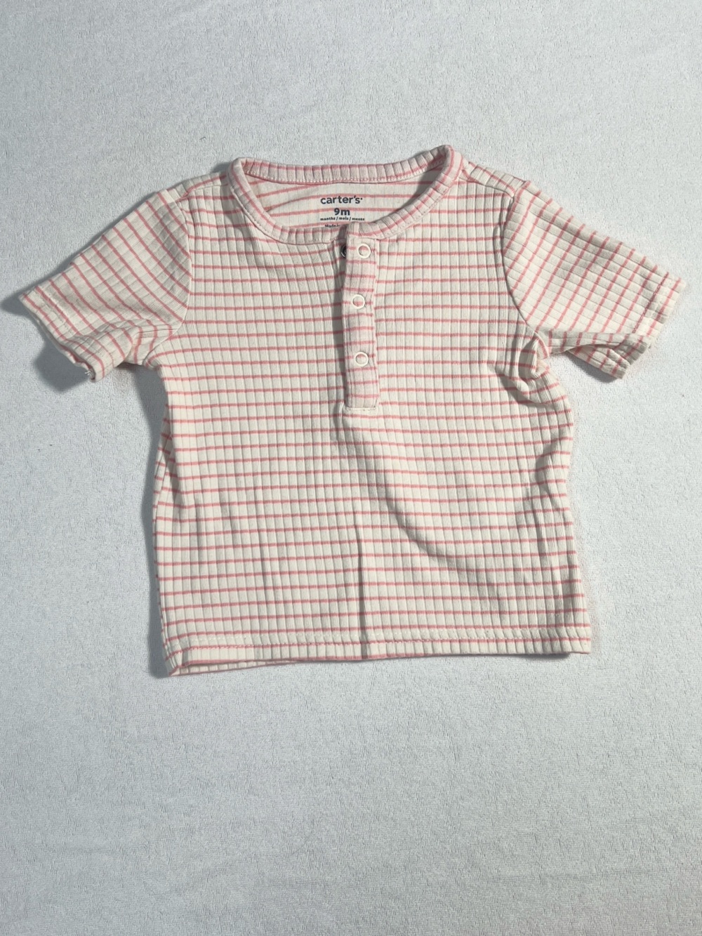 Carter's Baby Girl Pink White Striped Ribbed Henley Short Sleeve Top 9M